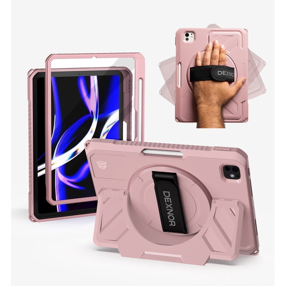 Dexnor for iPad Pro 11 inch Case 2024 (M4), Rugged Shockproof Protective Cover Full-Body Bumper Case with 360° Rotatable Hand Strap & Kickstand & Screen Protector & Pencil Holder, Pink