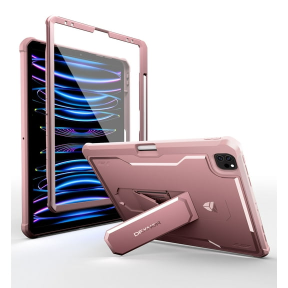 Dexnor for iPad Pro 12.9 Inch Case 2022/2021/2020(6th/5th/4th), Heavy Duty Shockproof Dual Layer Full-body Bumper Protective Cover with Built-in Screen Protector & Kickstand & Pen Holder,Pink