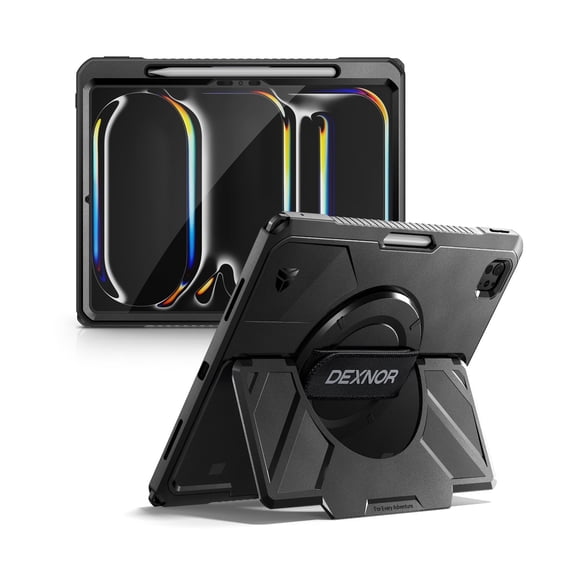 Dexnor for iPad Pro 13 inch Case M5 2025/M4 2024, Rugged Protective Case with 360° Rotating Hand Strap & Large Steady Stand & Screen Protector & Pencil Holder Shockproof Full-Body Bumper Cover,Black