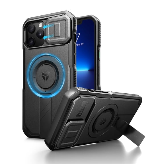 Dexnor for iPhone 12 Pro Max/13 Pro Max Case with Slide Camera Cover & Adjustable Kickstand, Magnetic Rugged Shockproof Bumper Cases Heavy-Duty Magnetic Protective Cover,Black