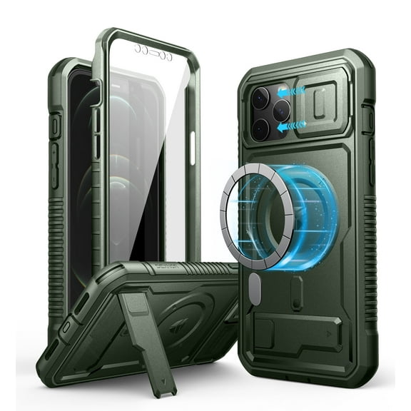 Dexnor for iPhone 12 Pro Max Case with Camera Cover [Compatible with MagSafe] [Built-in Screen Protector] Heavy-Duty Shockproof Full-Body Rugged Protective Magnetic Cover with Kickstand, Green
