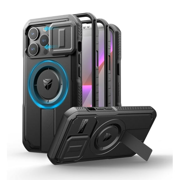 Dexnor for iPhone 13 Pro Case with Camera Cover, Compatible with MagSafe, Built-in Screen Protector, Heavy-Duty Shockproof Full-Body Rugged Protective Magnetic Cover with Kickstand, Black