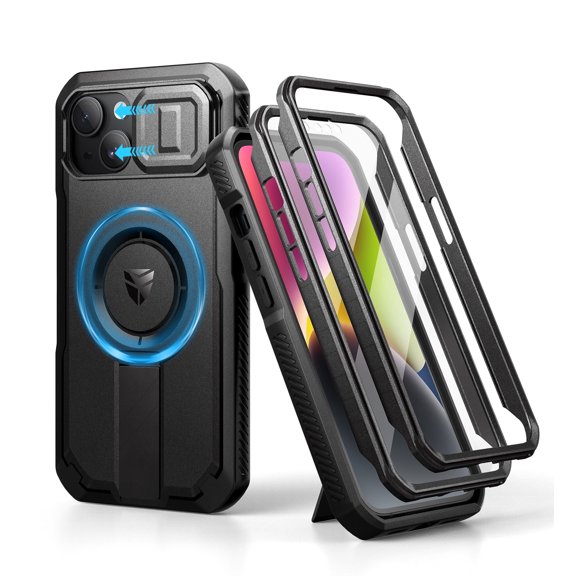 Dexnor for iPhone 13/iPhone 14 Case with Slide Camera Cover & Adjustable Kickstand & Built-in Screen Protector,Compatible with MagSafe Shockproof Bumper Heavy-Duty Magnetic Protective Cover,Black