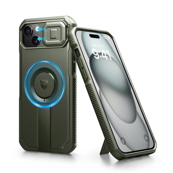 Dexnor for iPhone 14 Plus/15 Plus Case with Slide Camera Cover & Adjustable Kickstand, Magnetic Rugged Shockproof Bumper Cases Heavy-Duty Magnetic Protective Cover,Green