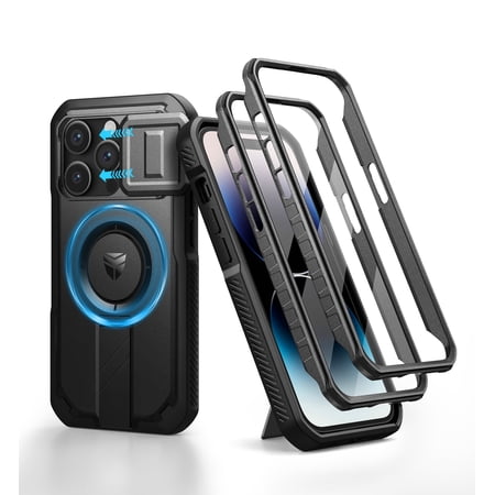 Dexnor for iPhone 14 Pro Case with Slide Camera Cover & Adjustable Kickstand & Built-in Screen Protector,Compatible with MagSafe Shockproof Bumper Heavy-Duty Magnetic Protective Cover,Black