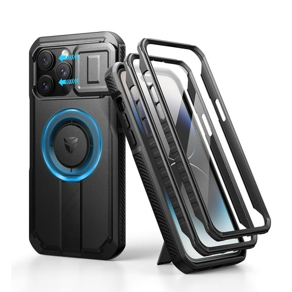 Dexnor for iPhone 14 Pro Max Case with Slide Camera Cover & Adjustable Kickstand & Built-in Screen Protector,Compatible with MagSafe Shockproof Bumper Heavy-Duty Magnetic Protective Cover,Black