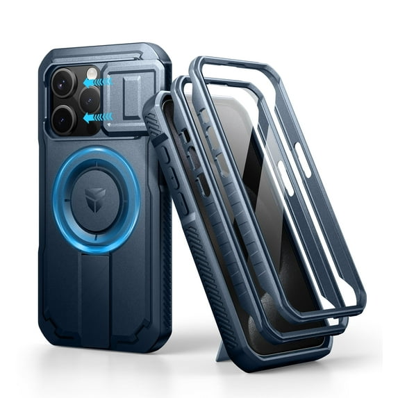 Dexnor for iPhone 15 Pro Case with Slide Camera Cover & Adjustable Kickstand & Built-in Screen Protector,Compatible with MagSafe Shockproof Bumper Heavy-Duty Magnetic Protective Cover,Blue
