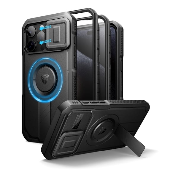 Dexnor for iPhone 15 Pro Max Case with Slide Camera Cover & Adjustable Kickstand & Built-in Screen Protector,Compatible with MagSafe Shockproof Bumper Heavy-Duty Magnetic Protective Cover,Black
