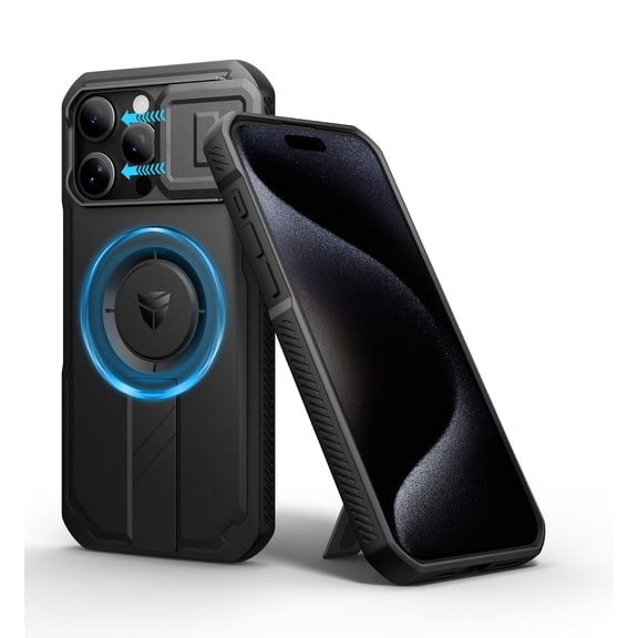Dexnor for iPhone 15 Pro Max Case with Slide Camera Cover & Adjustable Kickstand, Magnetic Rugged Shockproof Bumper Cases Heavy-Duty Magnetic Protective Cover,Black