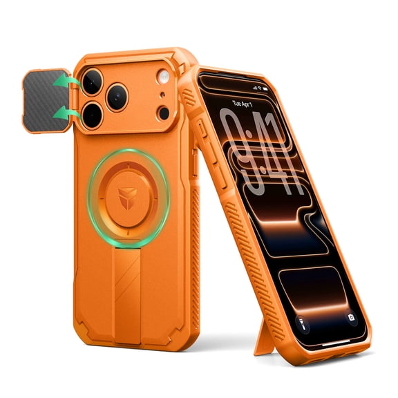 Dexnor for iPhone 17 Pro Max Case with Slide Camera Cover & Adjustable Kickstand, Magnetic Rugged Shockproof Bumper Cases Heavy-Duty Magnetic Protective Cover,Orange