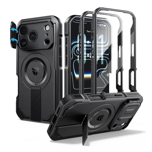 Dexnor for iPhone 18 Pro Case / iPhone 17 Pro Case with Camera Cover, 2 Front Frame, Flip Camera Cover, Compatible with MagSafe, Screen Protector and Kickstand, Heavy-Duty Rugged Case Black