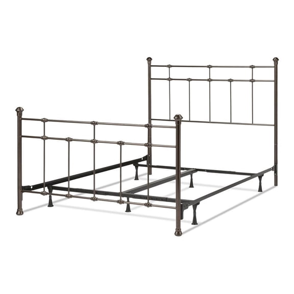 Dexter Complete Metal Bed and Steel Support Frame with Decorative Castings and Finial Posts, Hammered Brown Finish, King