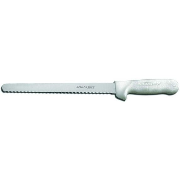 Dexter Sani-Safe® Stainless Steel Scalloped Utility Slicer with White Polypropylene Handle - 10"L Blade