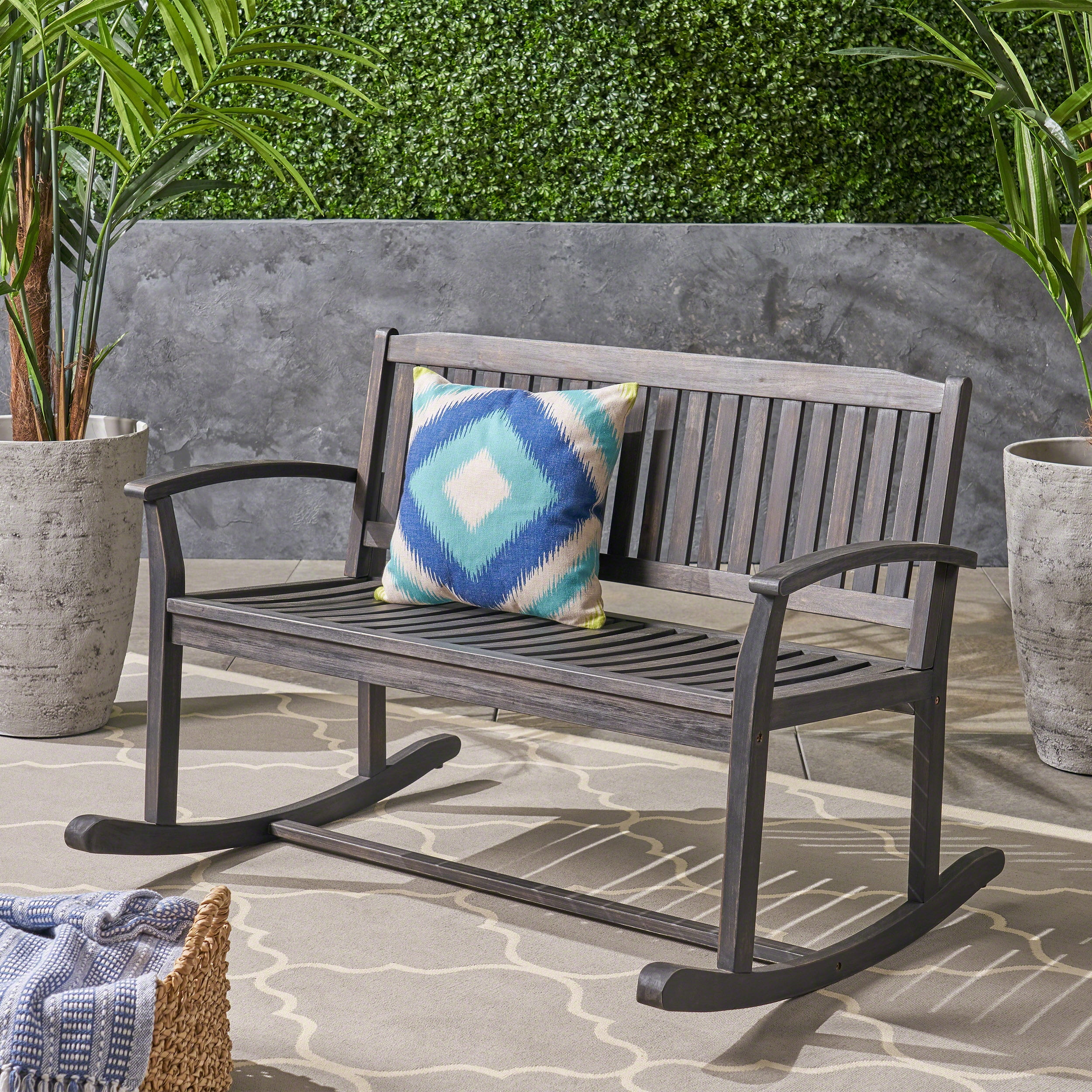 Dark Gray Acacia Wood Two-Seater Patio Rocking Loveseat