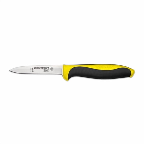 Dexter Russell S360-3Y-PCP Dexter 360 (36000Y) Paring Knife, 3", spear point, straight edge, stamped, DEXSTEEL stain free, high carbon steel, polypropylene/Santoprene handle, yellow, NSF