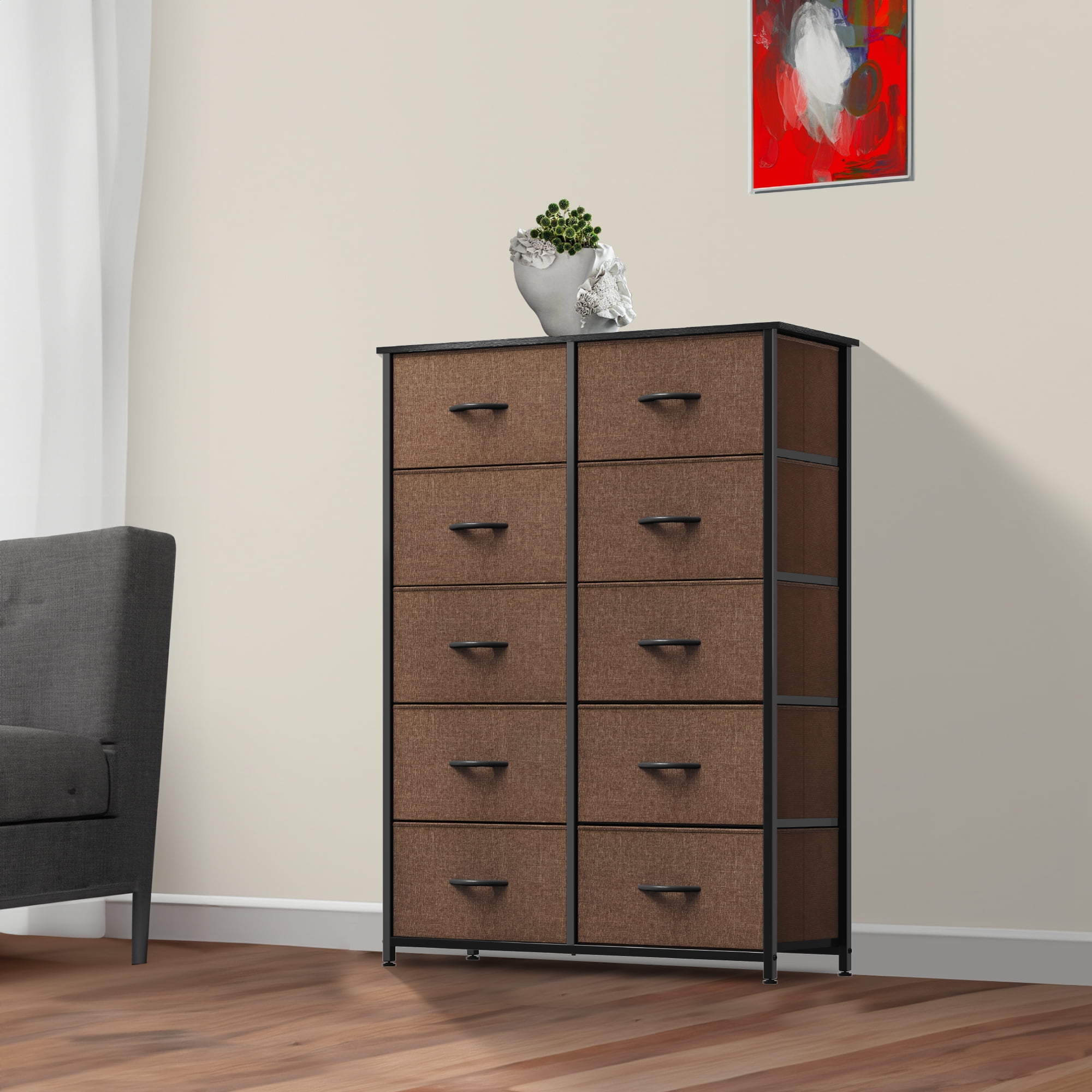 DEXTRUS 10 Drawers Dresser Fabric Bedside Organizer Storage Tower Chest for Adult Bedroom, Brown