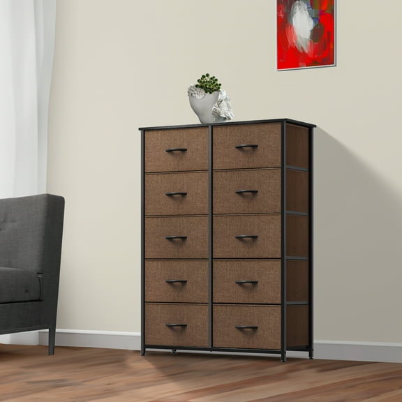 DEXTRUS 10 Drawers Dresser Fabric Bedside Organizer Storage Tower Chest for Adult Bedroom, Brown