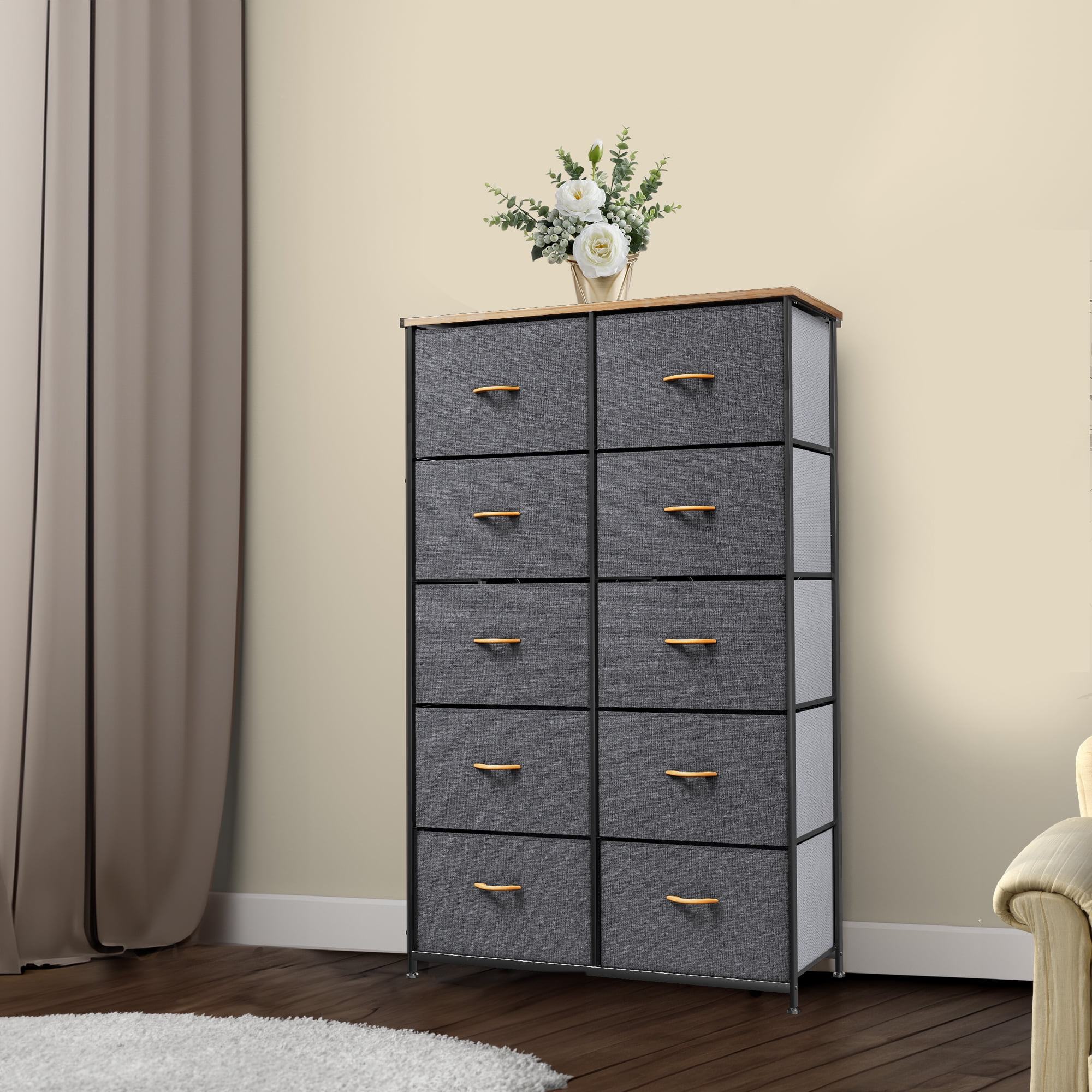 DEXTRUS 10-Drawer Fabric Dresser for Adults, Storage Tower & Bedside Organizer, Dark Grey
