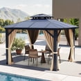 thumbnail image 1 of Dextrus 10' x 10' Hardtop Gazebo, Double Roof Polycarbonate Canopy, Outdoor Shelter with Mosquito Netting & Privacy Curtains, Heavy-Duty Metal Frame for Patio, Backyard, Deck and Lawn, Brown, 1 of 10