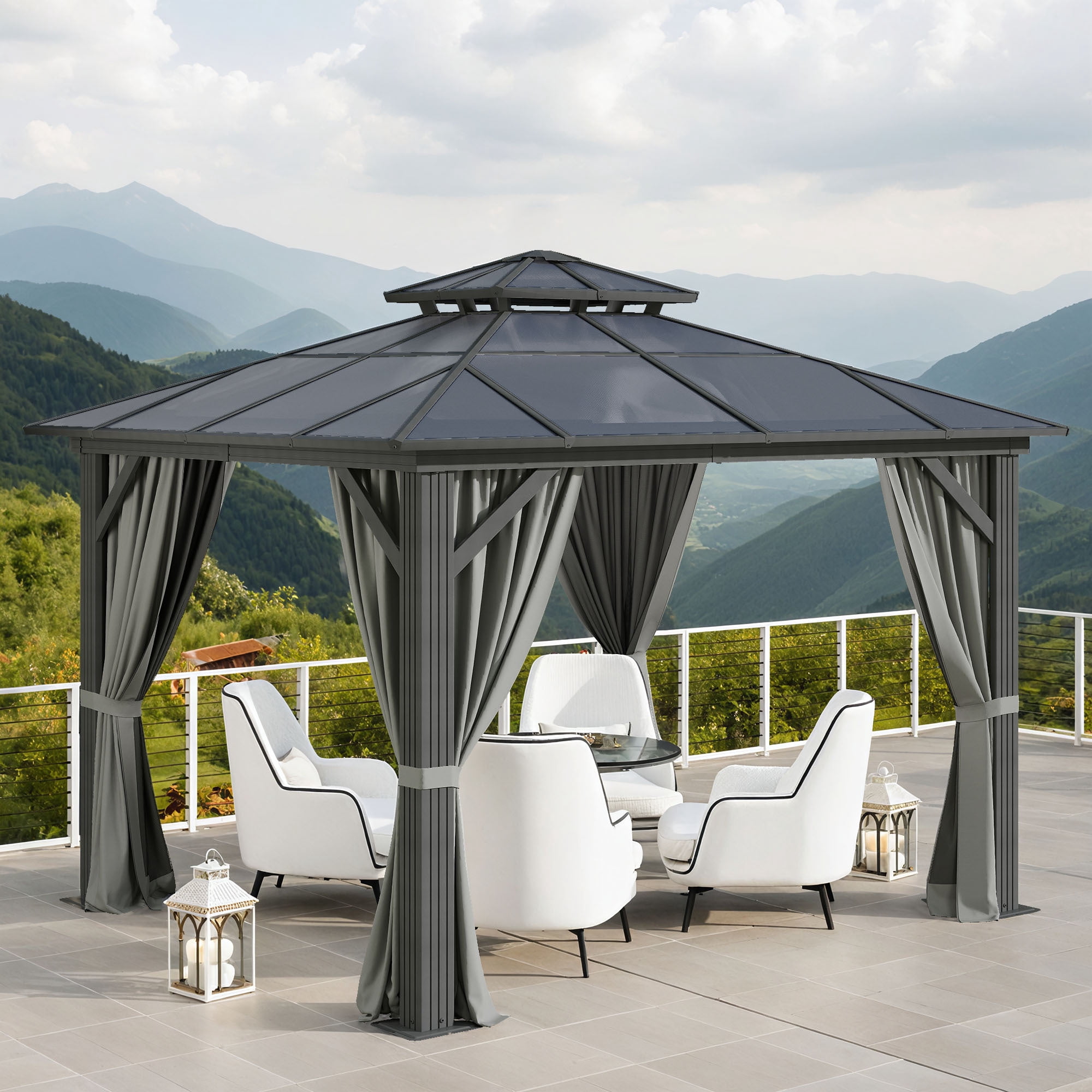 Dextrus 10' x 10' Hardtop Gazebo, Double Roof Polycarbonate Canopy, Outdoor Shelter with Mosquito Netting & Privacy Curtains, Heavy-Duty Metal Frame for Patio, Backyard, Deck and Lawn, Gray
