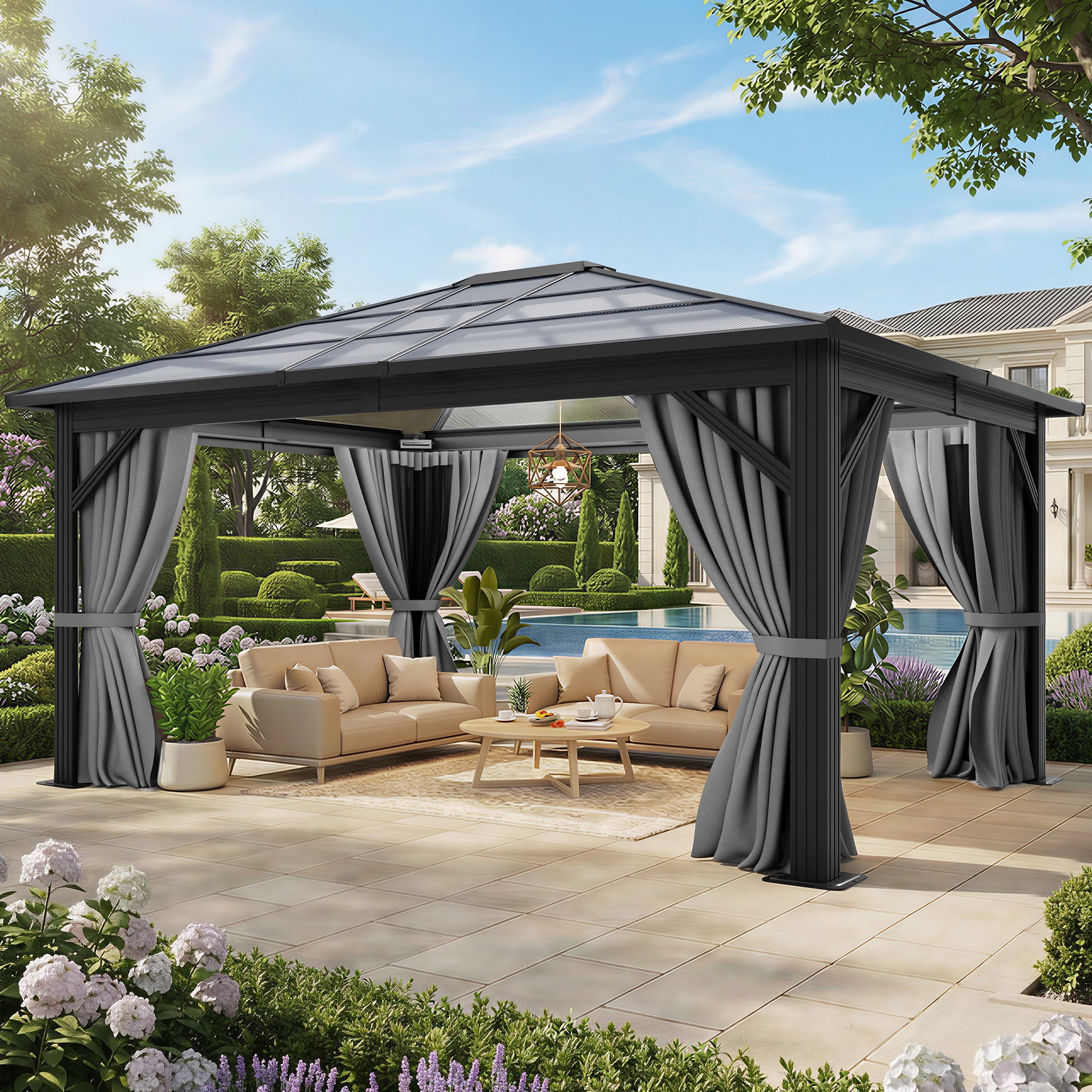 Dextrus 10' x 12' Hardtop Gazebo, Double Roof Polycarbonate Canopy with Mosquito Netting & Privacy Curtains, Heavy-Duty Metal Frame Outdoor Shelter for Patio, Backyard, Deck & Lawn, Gray