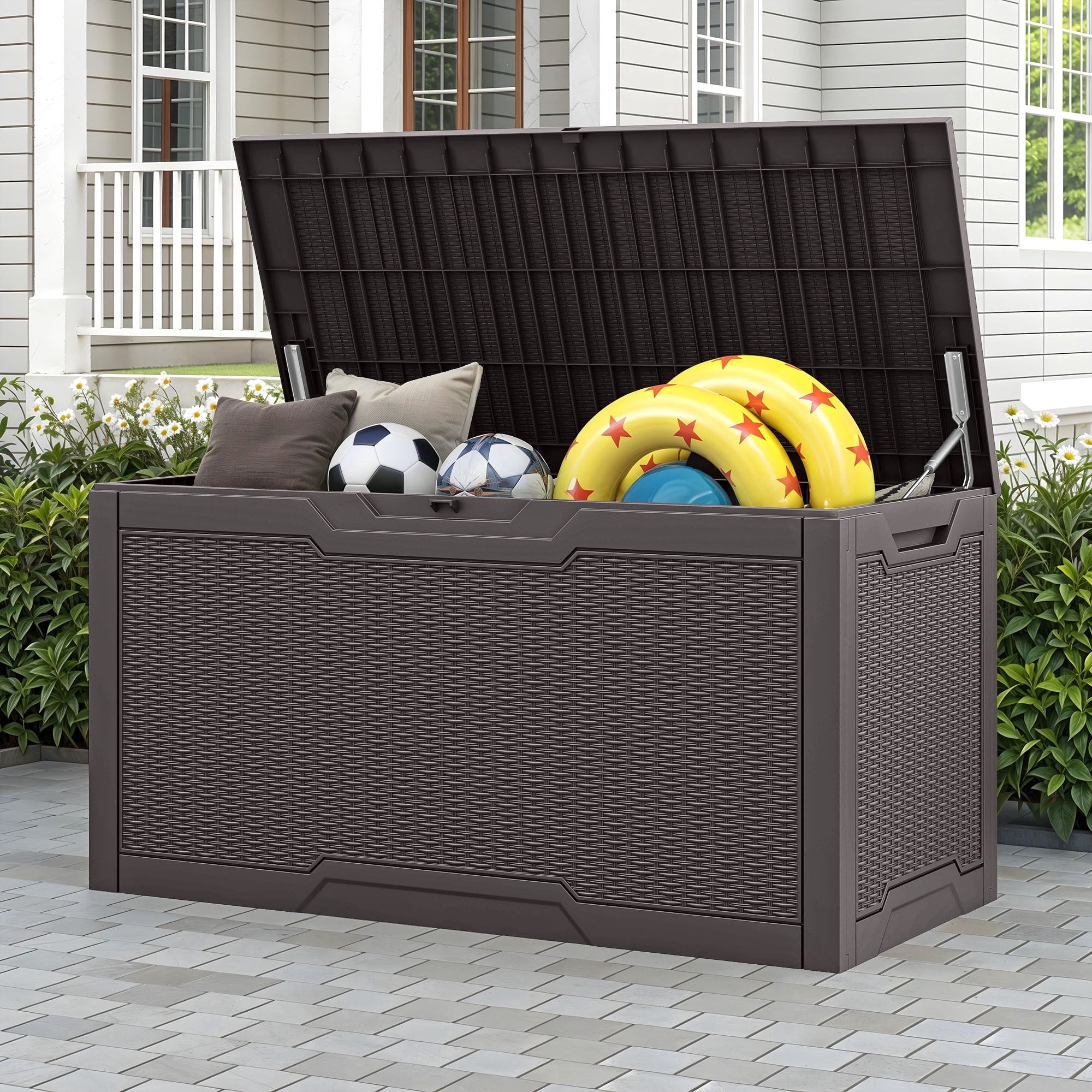 Dextrus 100 Gallon Large Resin Deck Box , Dark Brown Water Resistant Outdoor Storage Container, Lockable Organizer for Patio Cushions, Garden Tools, Pool Supplies & Indoor Outdoor Essentials