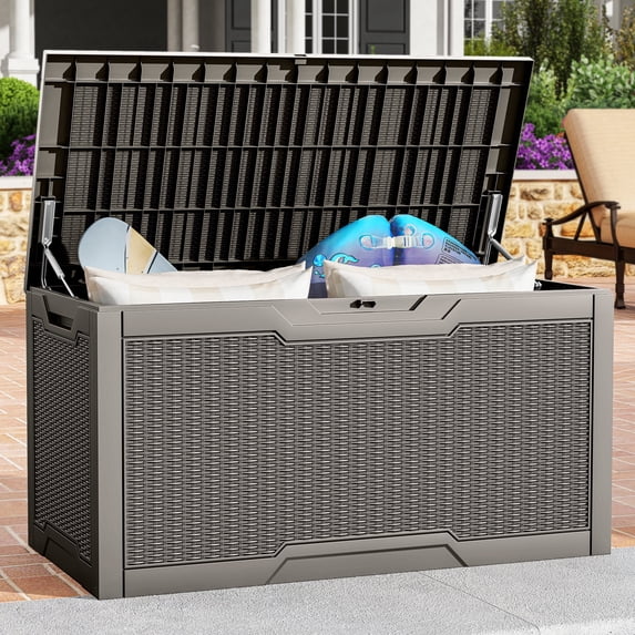 Dextrus 100 Gallon Large Resin Deck Box , Light Brown Water Resistant Outdoor Storage Container, Lockable Organizer for Patio Cushions, Garden Tools, Pool Supplies & Indoor Outdoor Essentials