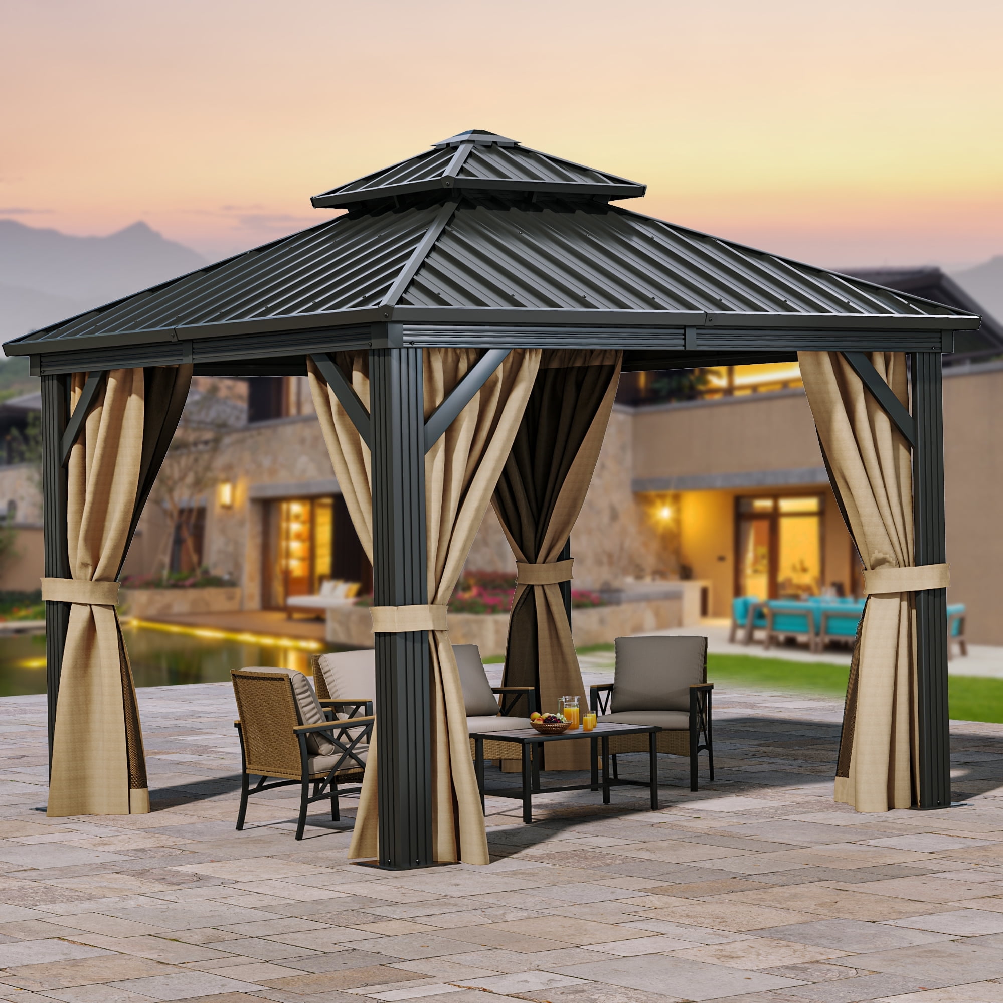 Dextrus 10ft x10ft Double Roof Hardtop Gazebo with Netting&Curtains, Outdoor Aluminum Gazebo with Heavy Duty Galvanized Steel,Ideal for Patio Lawn and Garden,Brown Curtain