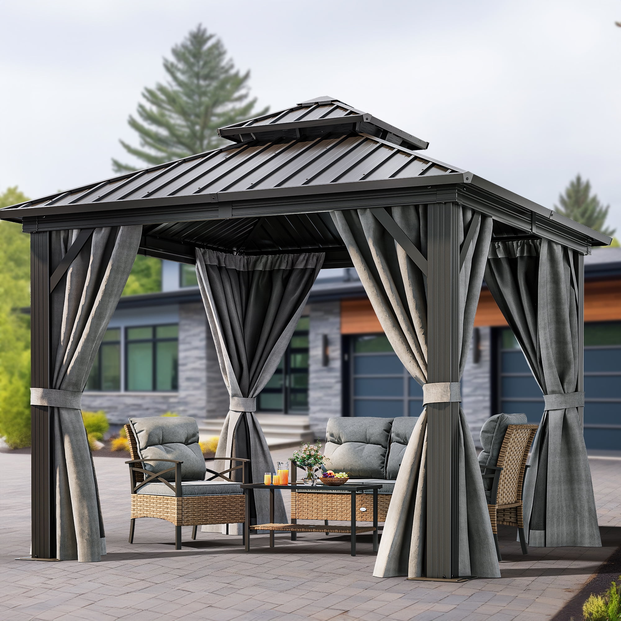 Dextrus 10ft x10ft Double Roof Hardtop Gazebo with Netting&Curtains, Metal Outdoor Pavilion,Ideal for Patio Lawn and Garden,Black,Grey Curtain