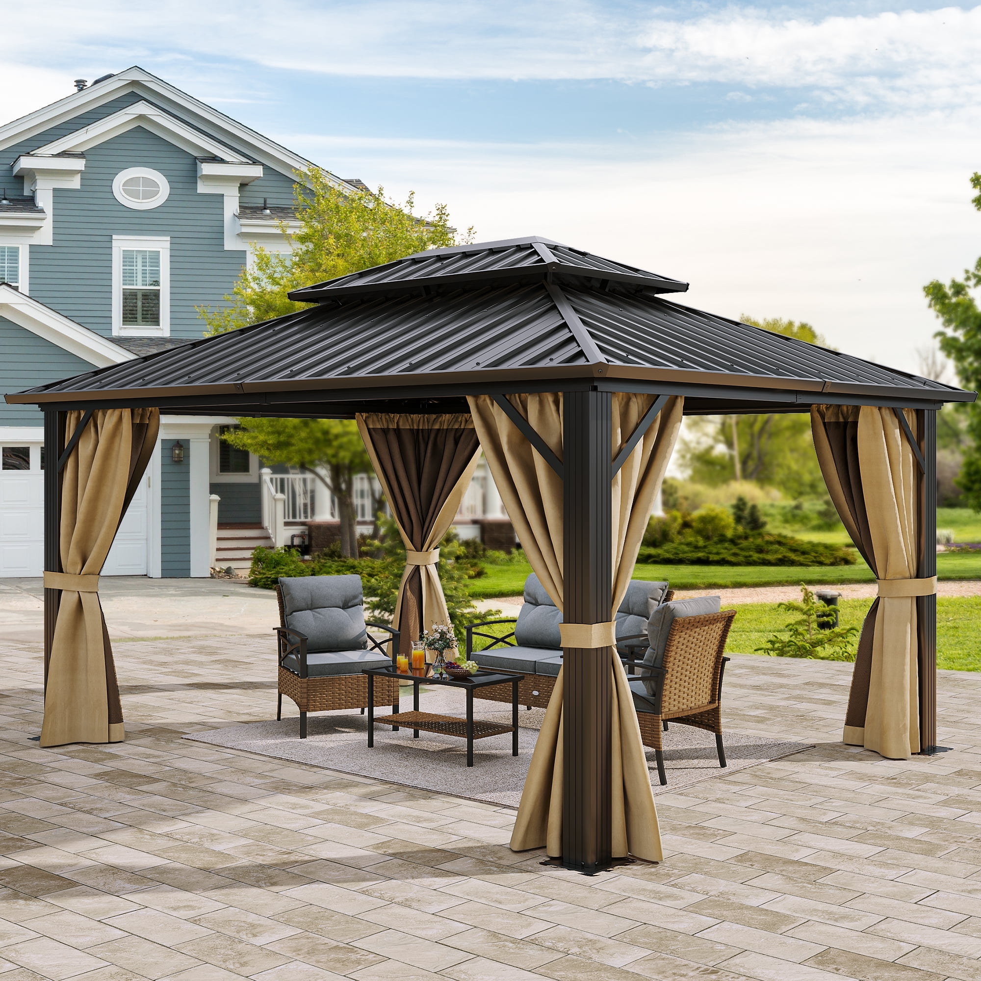Brown 10' x 12' Double Roof Garden Gazebo with Netting & Curtains