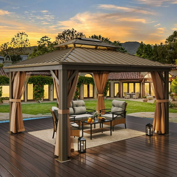 Dextrus Premium Hardtop Gazebo Garden Bronze Double-Layered Sidewalls Outdoor Curtains, 10' x 12'