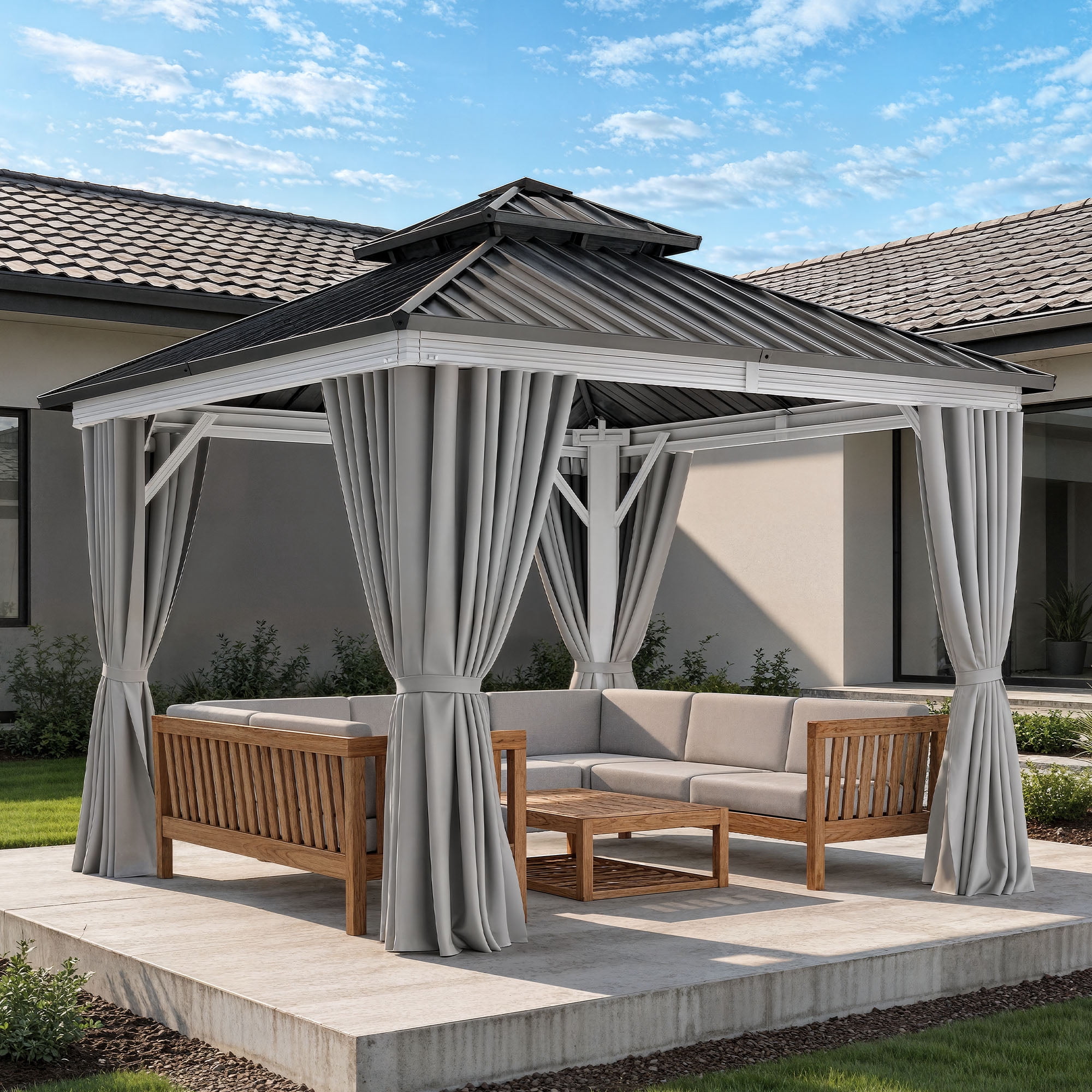 Dextrus 10x10 FT Outdoor Hardtop Gazebo,Outdoor Double Roof Canopy, Aluminum Frame Patio Gazebo with Netting & Gray Curtains, Sunshade for Garden, Patio, Lawns, White&Gray