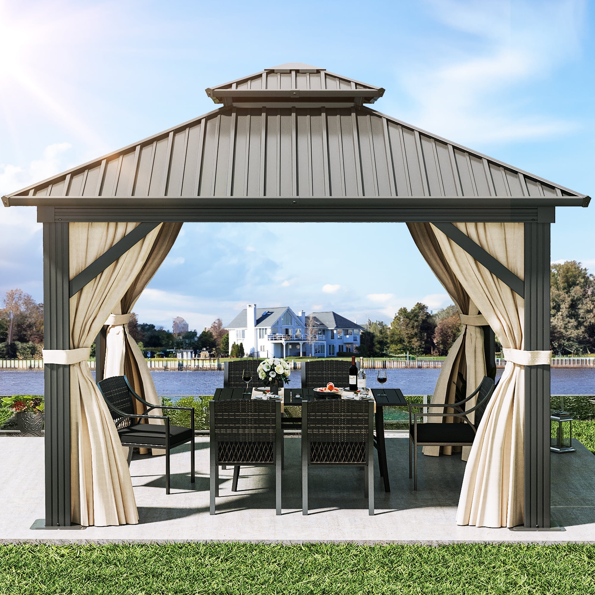 Dextrus 10x10FT Outdoor Double Roof Hardtop Gazebo with Netting&Shaded Curtains,Heavy Duty Galvanized Steel Vertical Stripes Roof,Ideal for Patio, Backyard,Deck and Lawns,Brown Curtain
