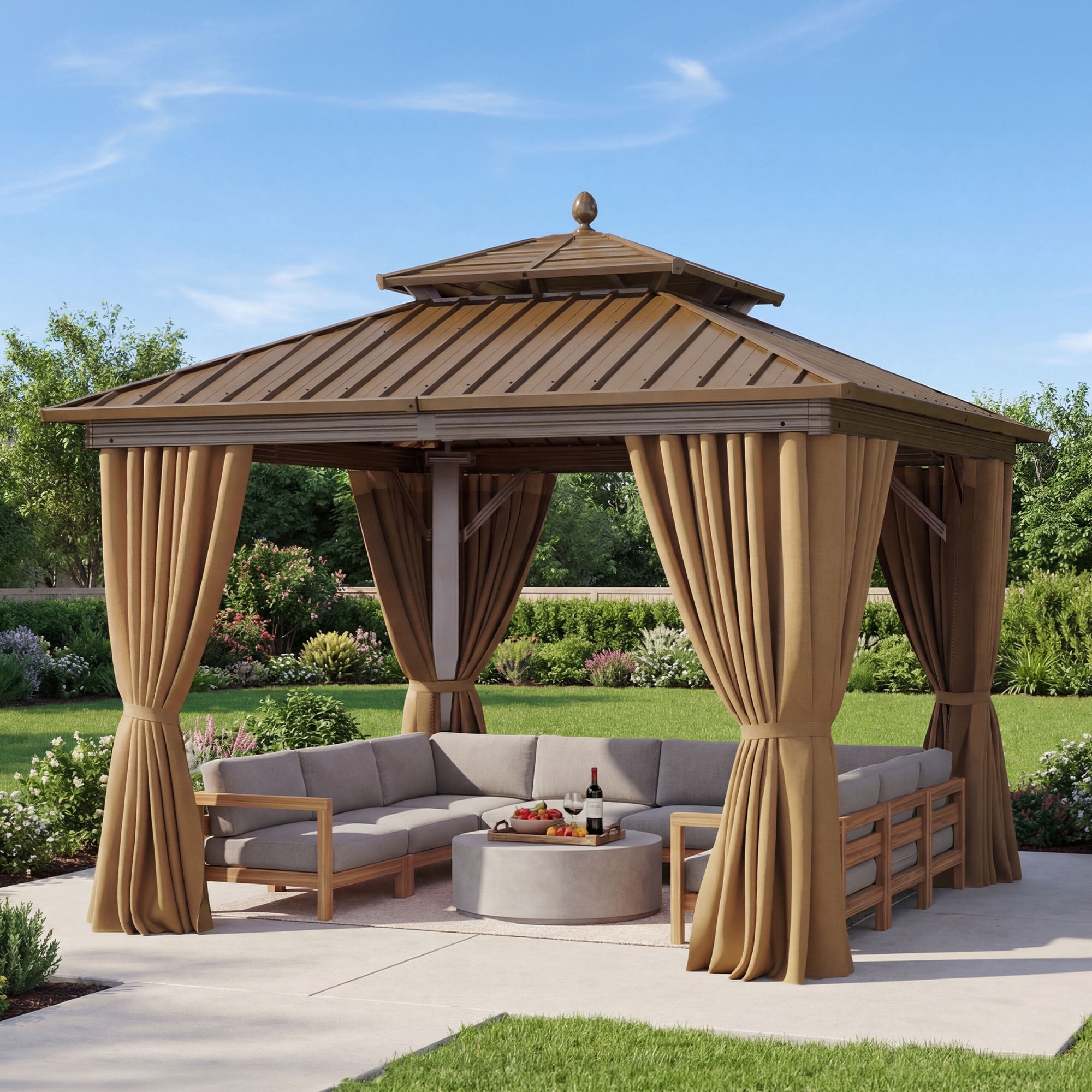 Dextrus 10x10ft Double Roof Hardtop Gazebo with Netting and Curtains, Outdoor Heavy Duty Galvanized Steel Combined of Vertical Stripes Roof,Ideal for Patio, Backyard, Deck, Lawns-Bronze