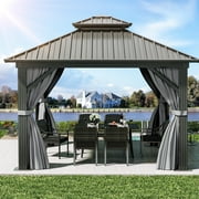 Dextrus 10x10ft Double Roofed Hardtop Gazebo, Outdoor Heavy Duty Galvanized Steel with Nettings and Curtains, Ideal for Patio, Backyard, Deck, Lawns - Gray