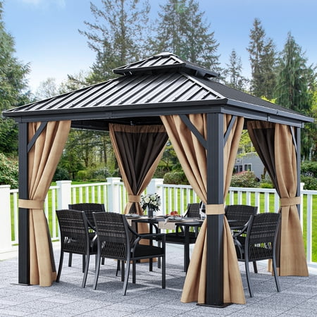 Dextrus 10x10ft Hardtop Gazebo Double Roof with Nettings and Curtains, Heavy Duty Galvanized Steel Outdoor Vertical Stripes Roof for Patio, Backyard, Deck, Lawns, Brown