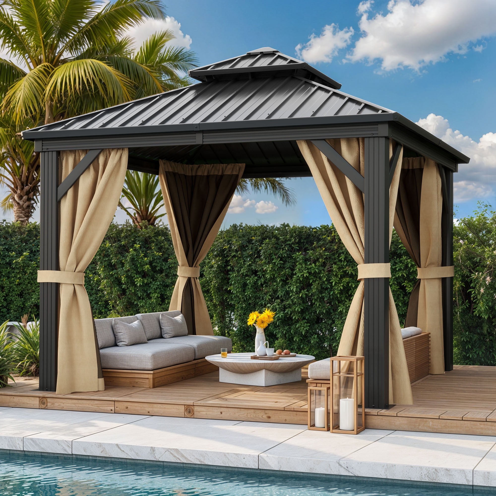 Dextrus 10x10ft Hardtop Gazebo with Netting & Brown Curtains, Double Roof Galvanized  Aluminum Frame Canopy, Garden Tent for Patio, Backyard, Black & Brown