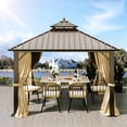 thumbnail image 1 of Dextrus 10x10ft Hardtop Gazebo with Nettings and Curtains, Heavy Duty Double Roof Galvanized Steel Outdoor Combined of Horizontal Vertical Stripes Roof for Patio, Backyard, Deck, Lawn (Bronze), 1 of 5
