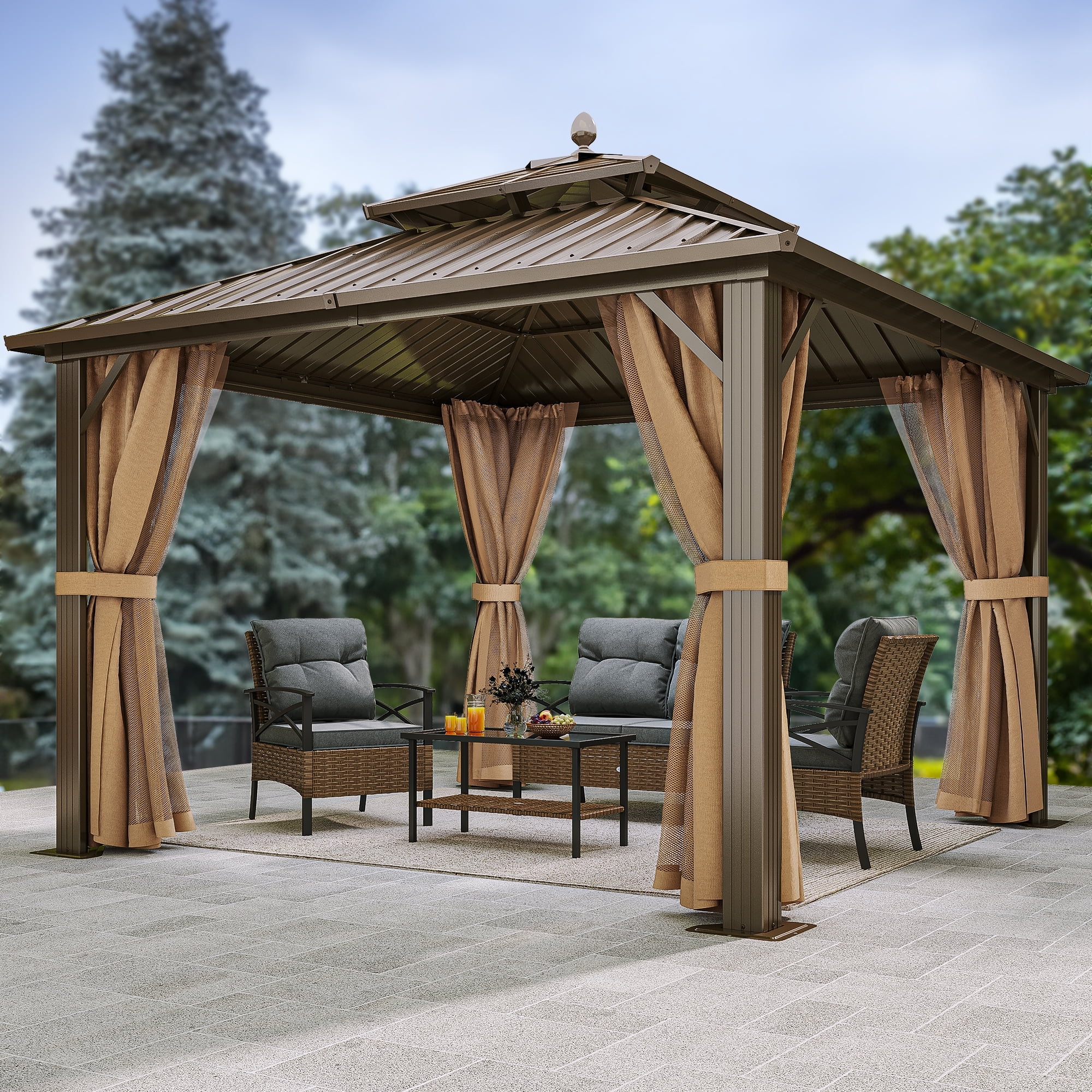 Dextrus 10x10ft Hardtop Gazebo with Nettings and Curtains, Heavy Duty Double Roof Gazebo Outdoor for Patio, Backyard, Deck, Lawn (Bronze)