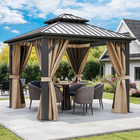 Dextrus 10x10ft Outdoor Hardtop Gazebo with Nettings & Brown Curtains, Heavy Duty Double Roof Aluminum Frame Canopy for Garden, Patio, Lawns, Black&Brown