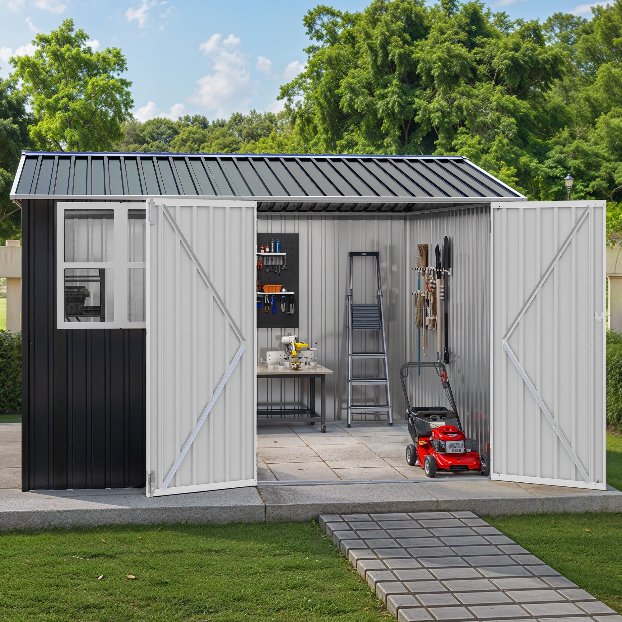 Dextrus 10x10ft Storage Shed with Windows, Lockable Doors \u0026 Sloped Roof,Large Gray Metal Garden Shed for Patio,Backyard,Garage,and Lawn