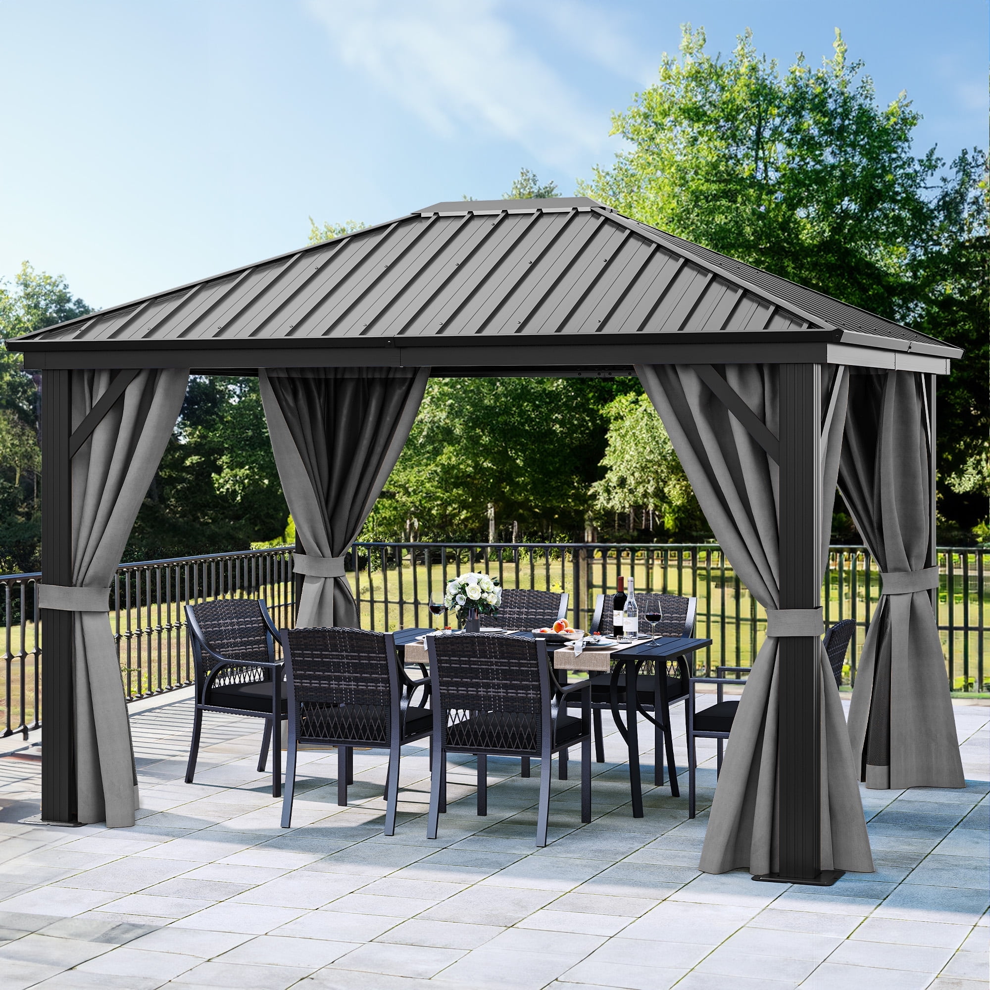 Caesar Gray 10' x 12' Aluminum and Steel Hardtop Gazebo with Curtains