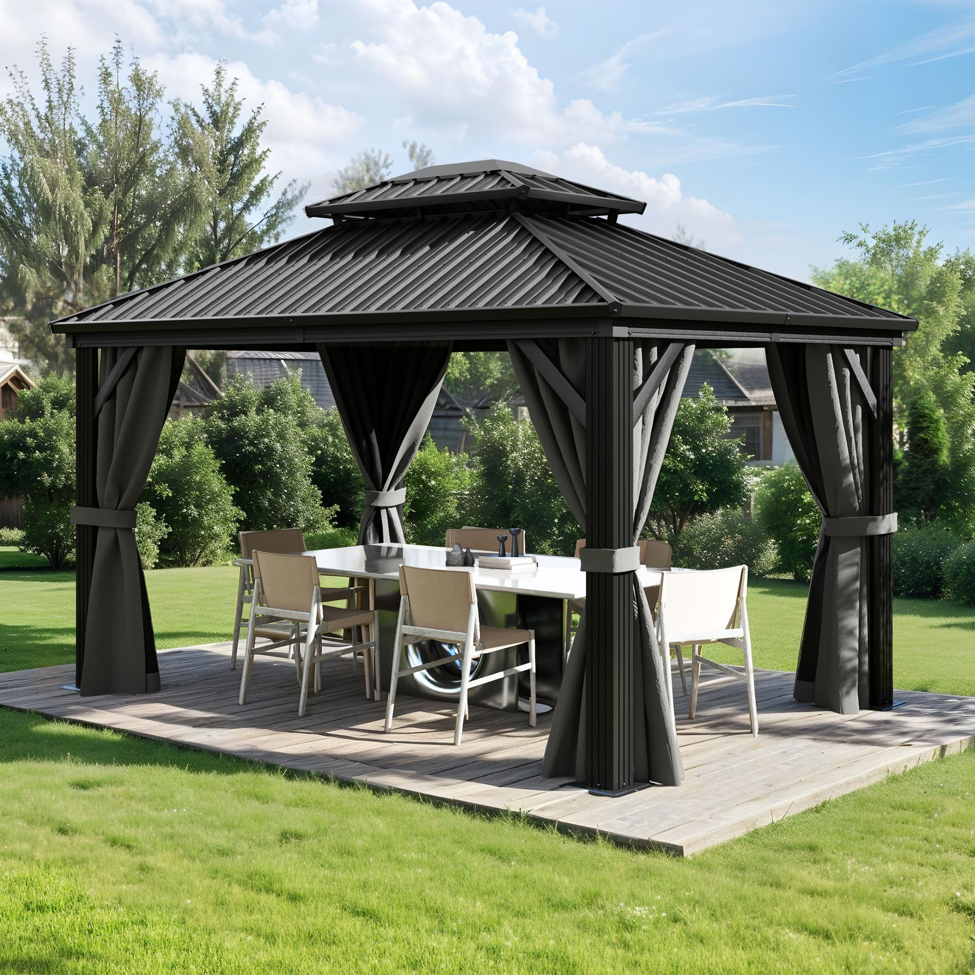Dextrus 10x12FT Outdoor Hardtop Gazebo with Nettings & Gray Curtains,Heavy Duty Double Roof  Galvanized Steel Canopy, Sunshade for Garden, Patio, Lawns, Black&Gray