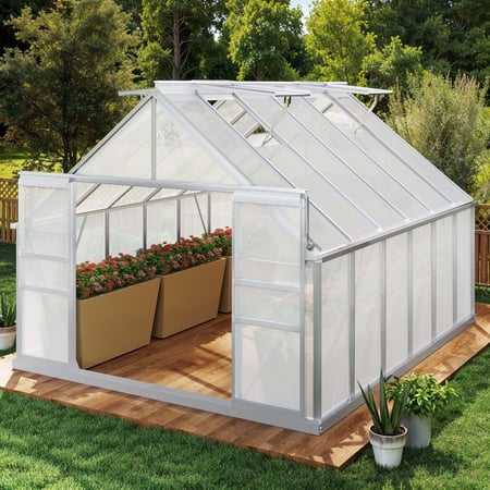 Dextrus 10x12FT Polycarbonate Greenhouse: Large, Heavy-Duty, UV-Protected, Aluminum Frame, Sliding Doors, Vent Windows, Matte Silver for Outdoor Gardening