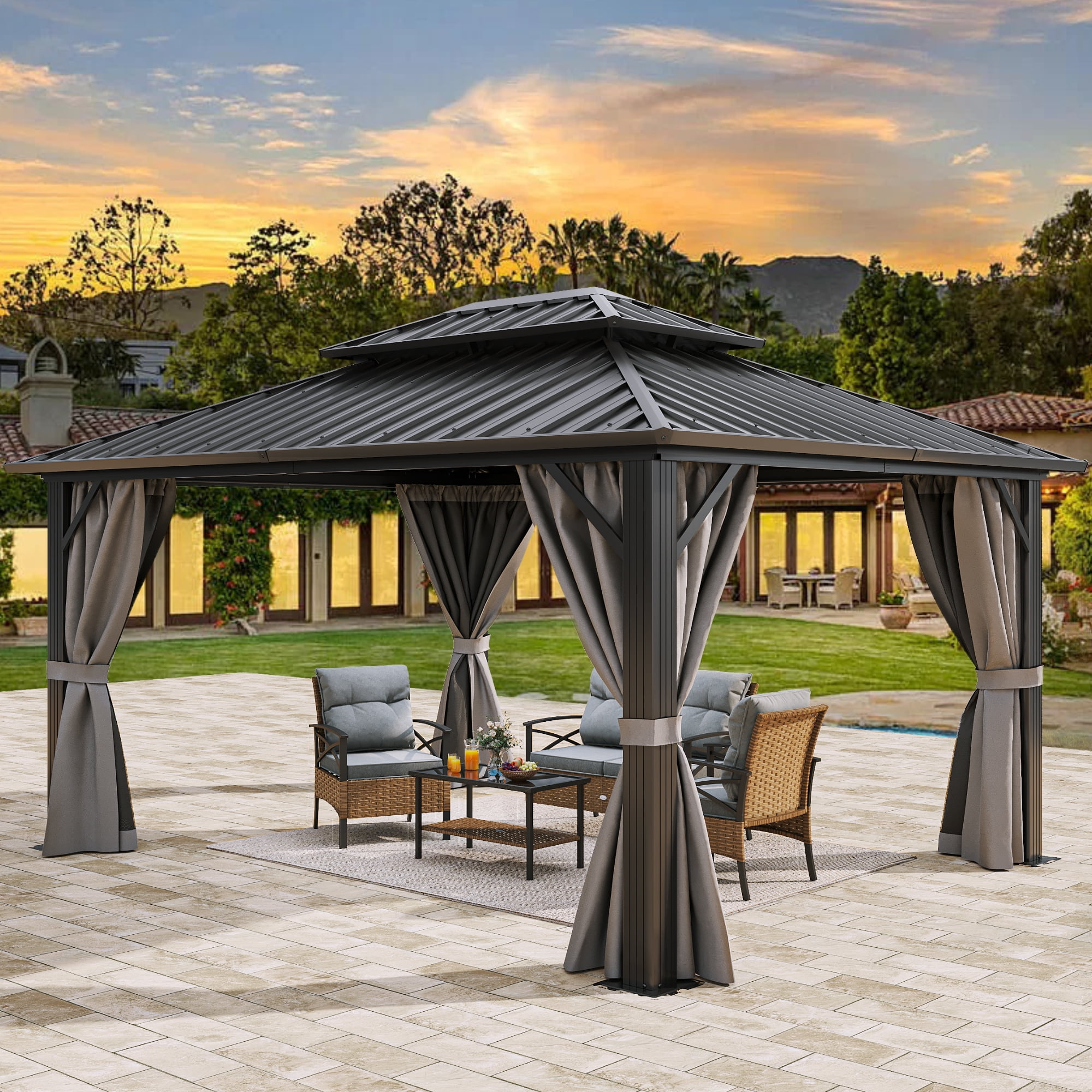 Dextrus 10x12ft Hardtop Gazebo with Netting & Curtains, Heavy Duty ...