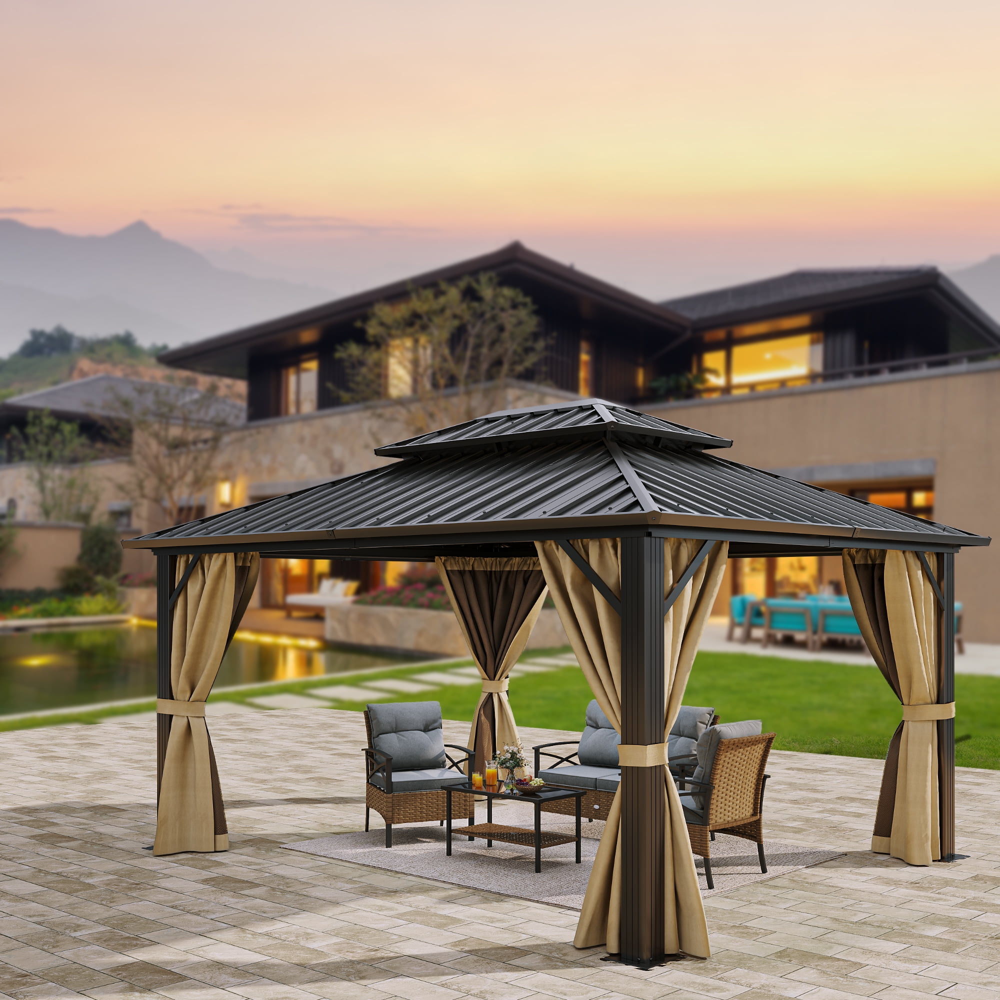 Brown 10' x 12' Double Roof Garden Gazebo with Netting & Curtains