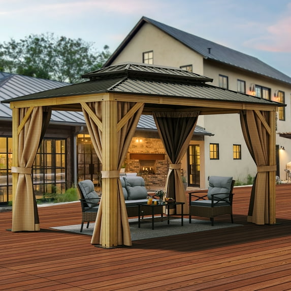 Dextrus 10x12ft Double Roof Hardtop Gazebo, Rectangular Aluminum/Wood Frame with Curtains, Brown