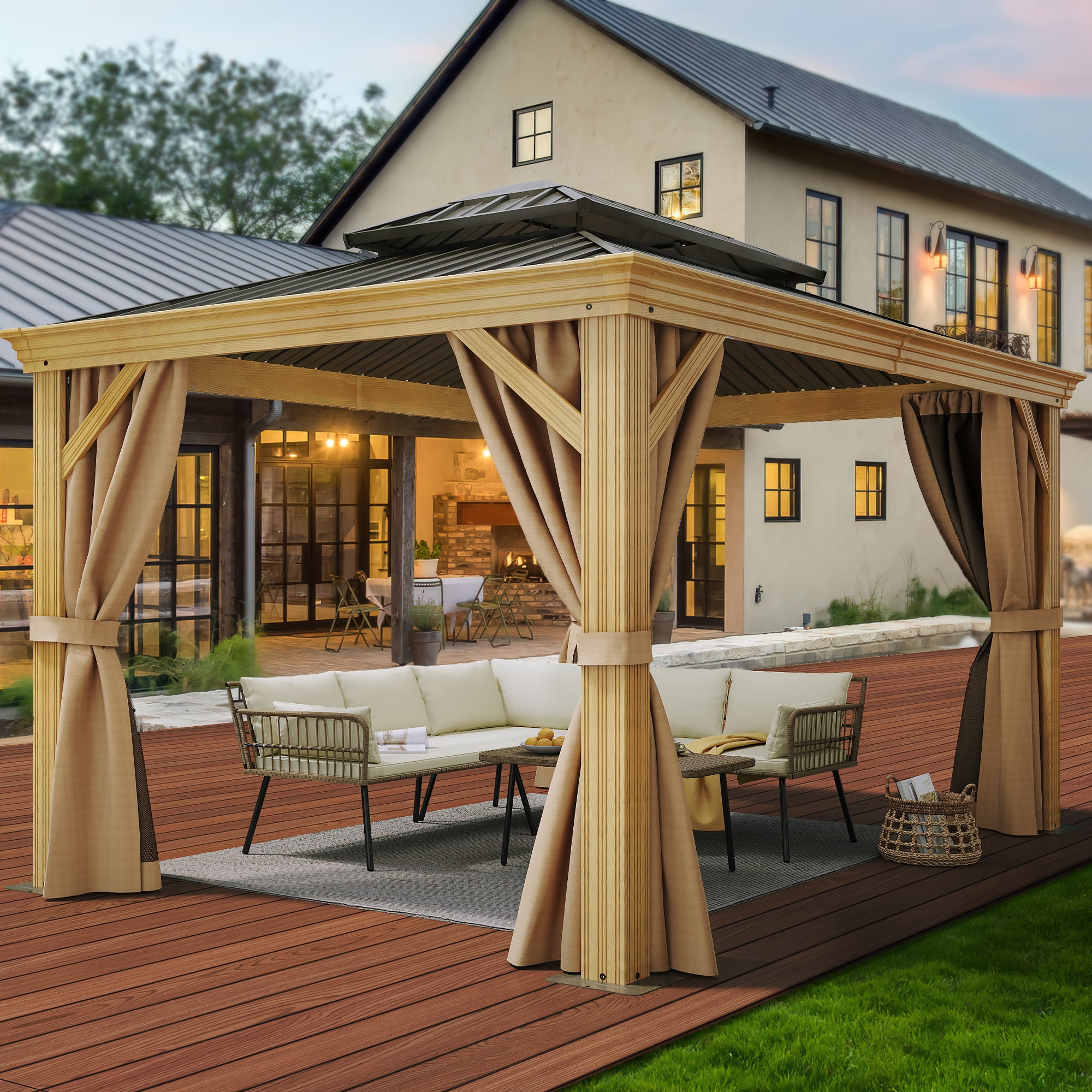 Dextrus 10x12ft Double Roof Hardtop Gazebo with Wood Grain Aluminum