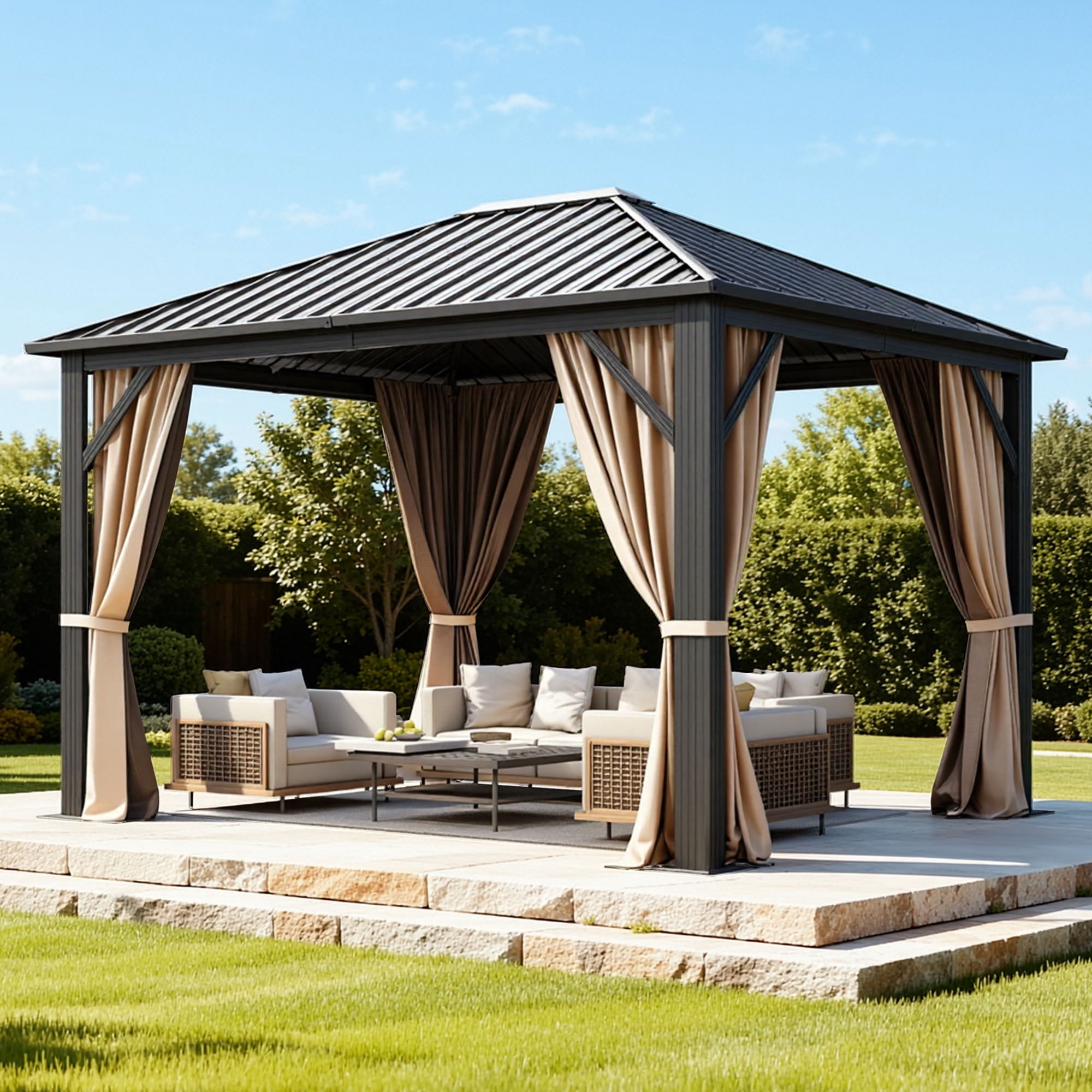 Dextrus 10x12ft Hardtop Gazebo with Nettings and Curtains, Heavy Duty Galvanized Steel Outdoor Vertical Stripes Roof for Patio, Backyard, Deck, Lawns, Brown