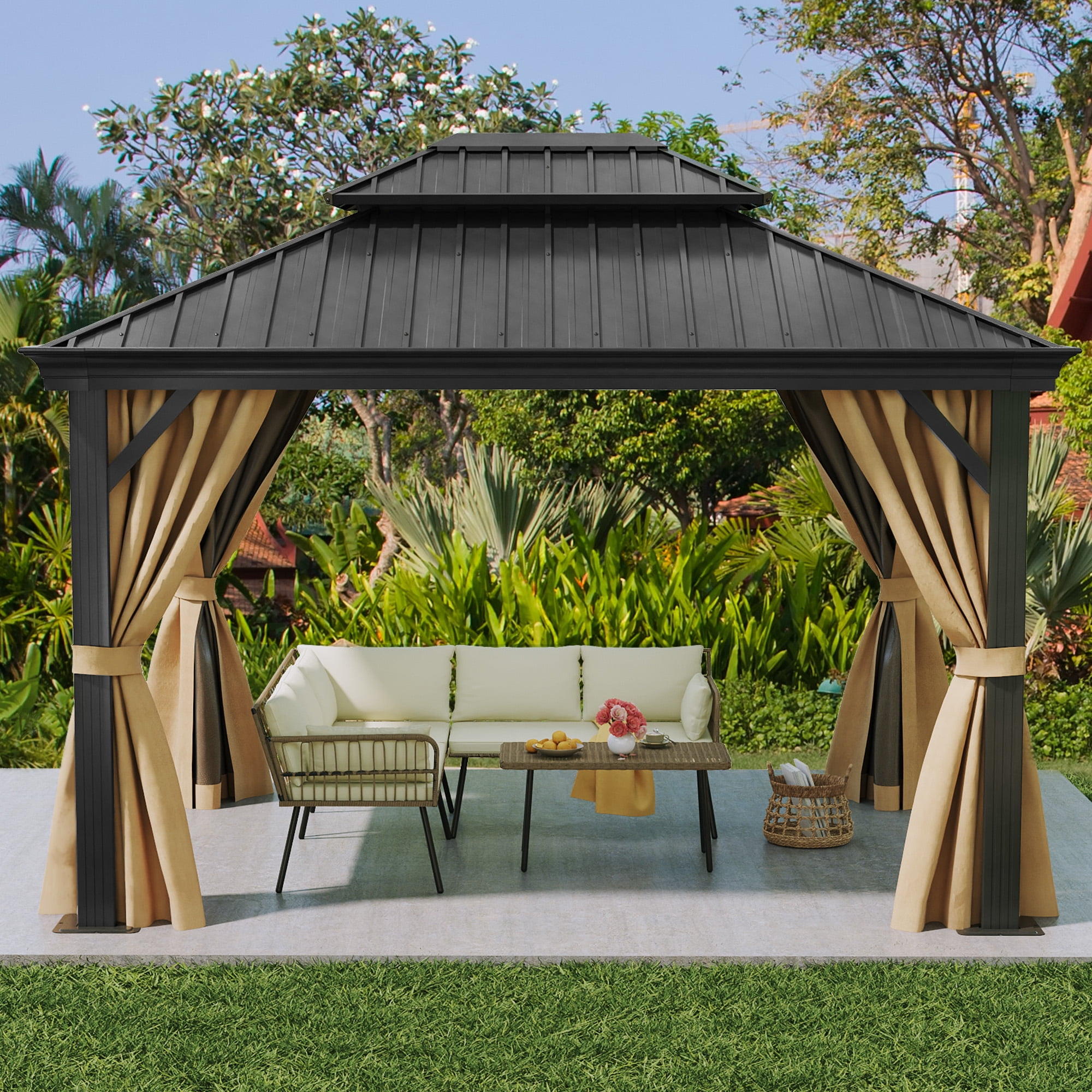 Dextrus 10x12ft Hardtop Gazebo with Nettings and Curtains, Heavy Duty Galvanized Steel Outdoor Vertical Stripes Roof for Patio, Backyard, Deck, Lawns, Brown